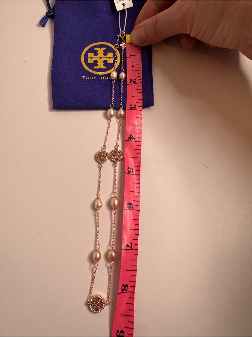 Tory Burch NWT Miller Pave Crystal & Rose Gold Pearl Chain Necklace - Picture 10 of 10